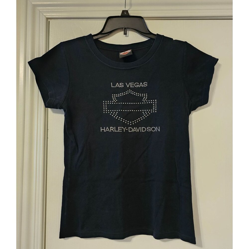 VTG Harley-Davidson Las Vegas Womens T-Shirt W/Rhinestone Logo M Y2K Biker READ